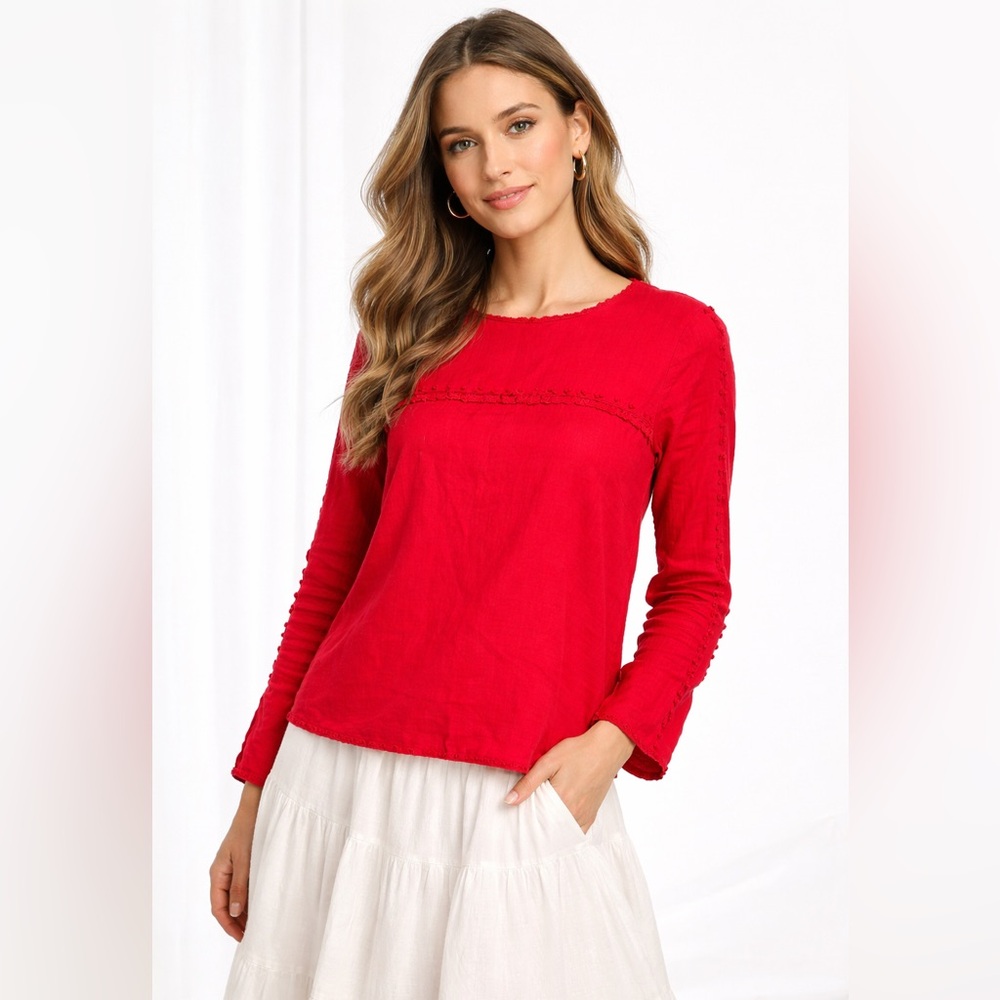 J.Crew Red Linen Blouse Eyelet Trim Long Sleeve Top Size 0